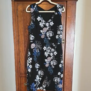 Banana Republic Black Floral Midi Dress with Blue and White Accents